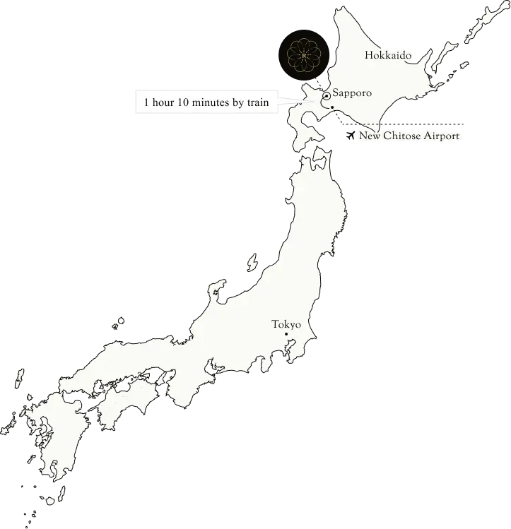 Map showing Sapporo in Hokkaido, approximately 1 hour 10 minutes by train from New Chitose Airport