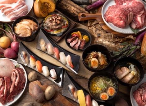 寿司や肉料理など多彩な料理のイメージ